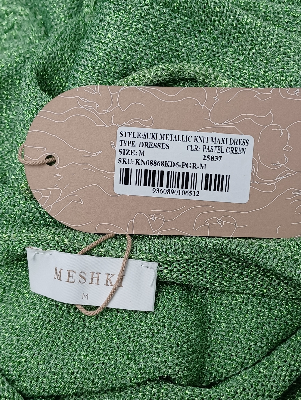 Meshki Suki Metallic Knit Maxi Dress Size M Women Tie Open Back In Pastel Green - Picture 9 of 15